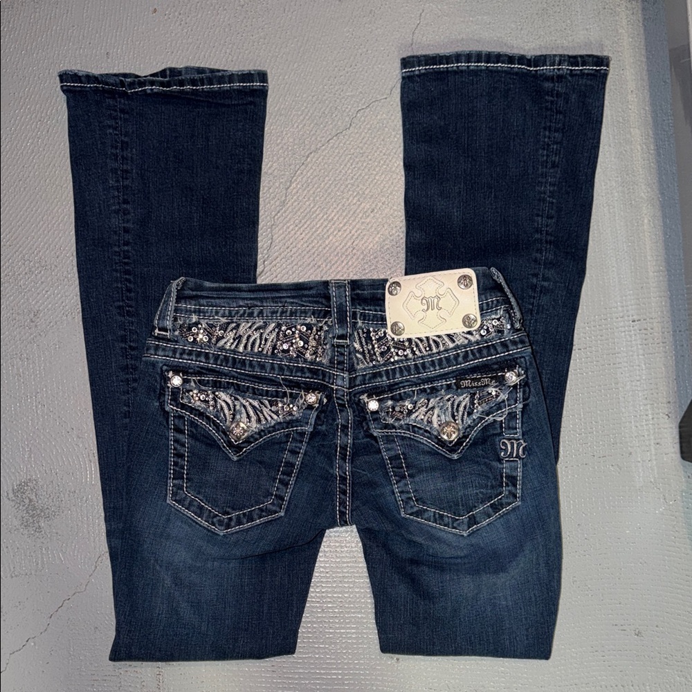 Miss Me Dark Blue Boot Cut Jeans with Silver Embellishments